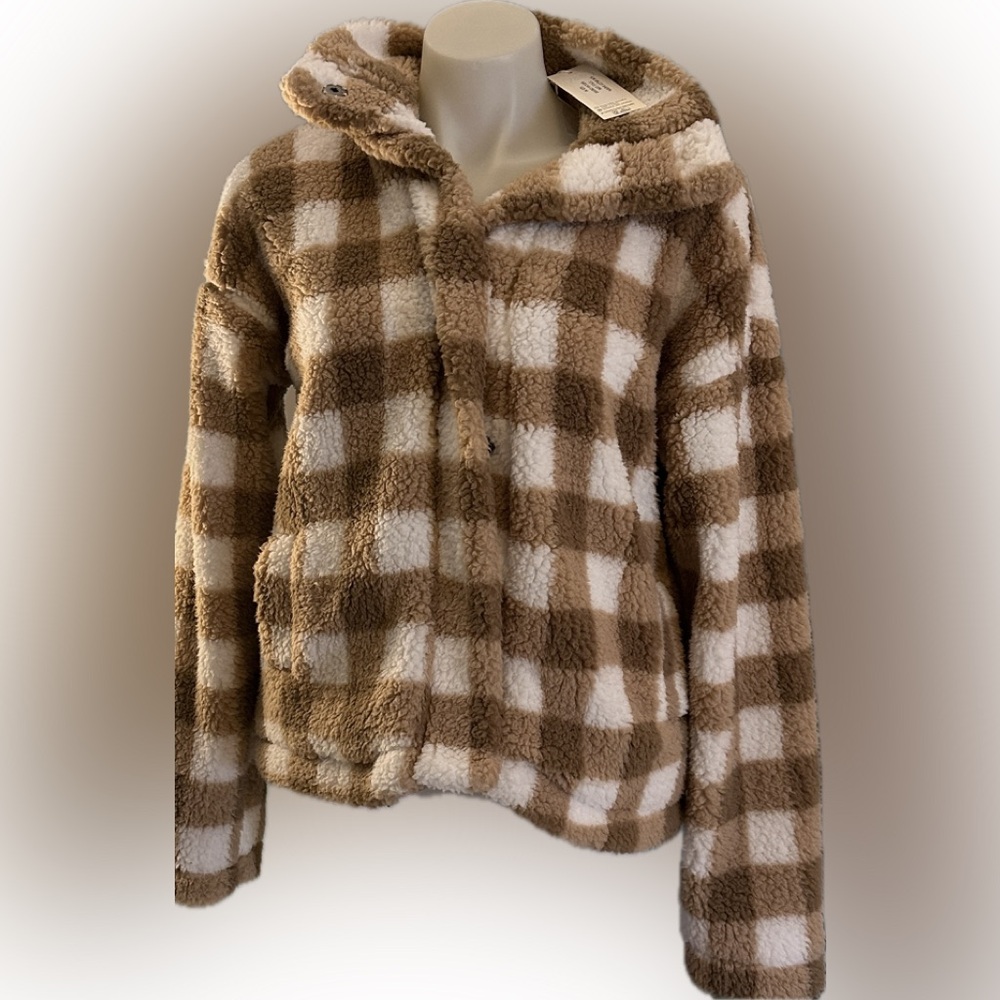78 & Sunny Cozy Checkered Teddy Jacket - Tan and White NWT medium